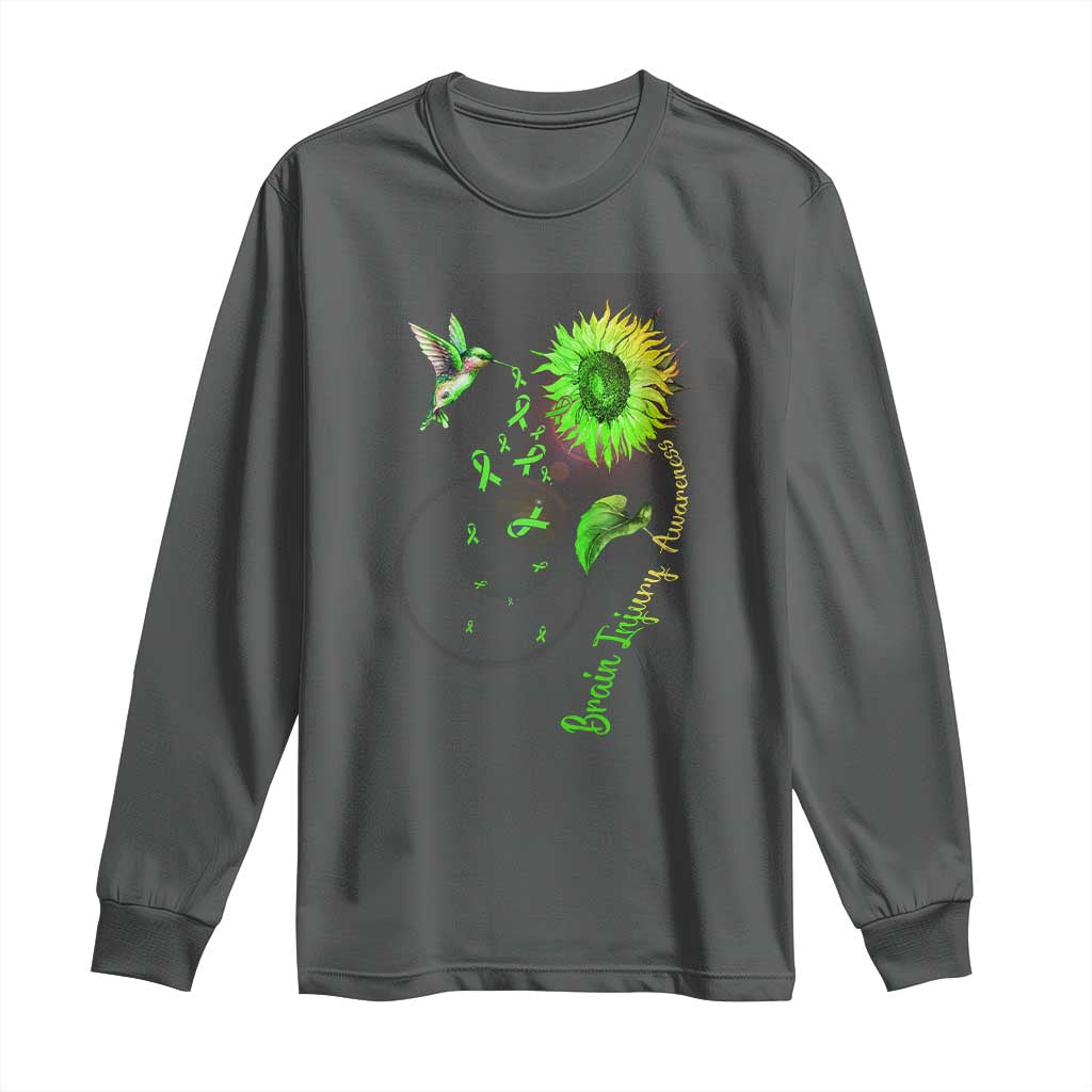Traumatic Brain Injury Awareness Long Sleeve Shirt Sunflower Hummingbird TS02 Dark Heather Print Your Wear