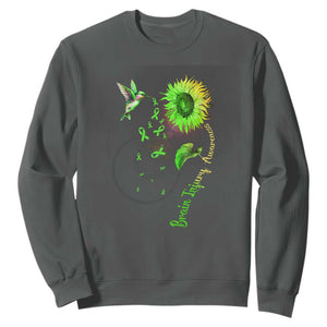 Traumatic Brain Injury Awareness Sweatshirt Sunflower Hummingbird TS02 Dark Heather Print Your Wear