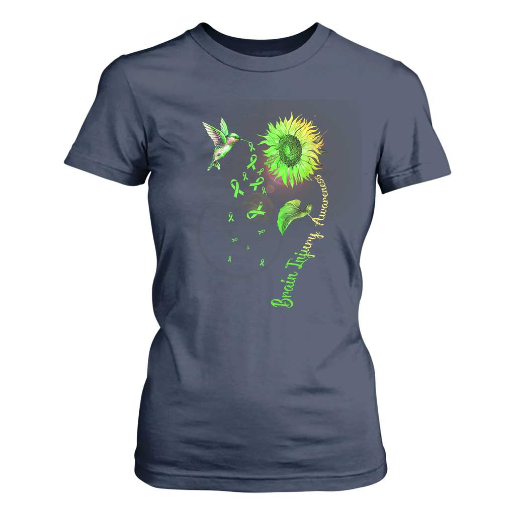 Traumatic Brain Injury Awareness T Shirt For Women Sunflower Hummingbird TS02 Navy Print Your Wear
