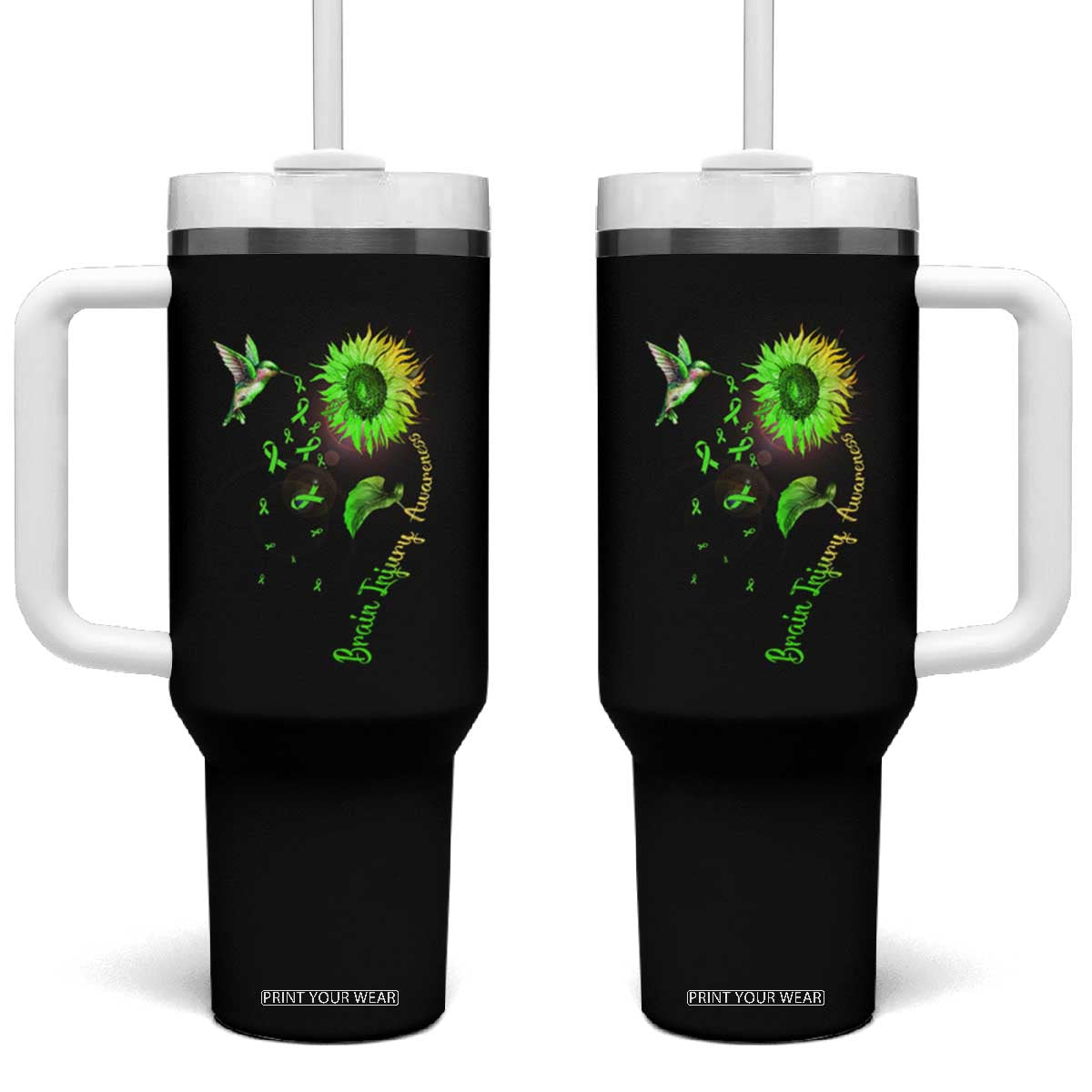 Traumatic Brain Injury Awareness Tumbler With Handle Sunflower Hummingbird TS02 One Size: 40 oz Black Print Your Wear