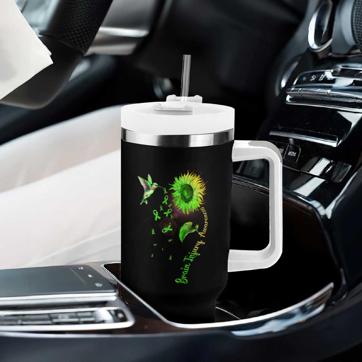 Traumatic Brain Injury Awareness Tumbler With Handle Sunflower Hummingbird TS02 Print Your Wear