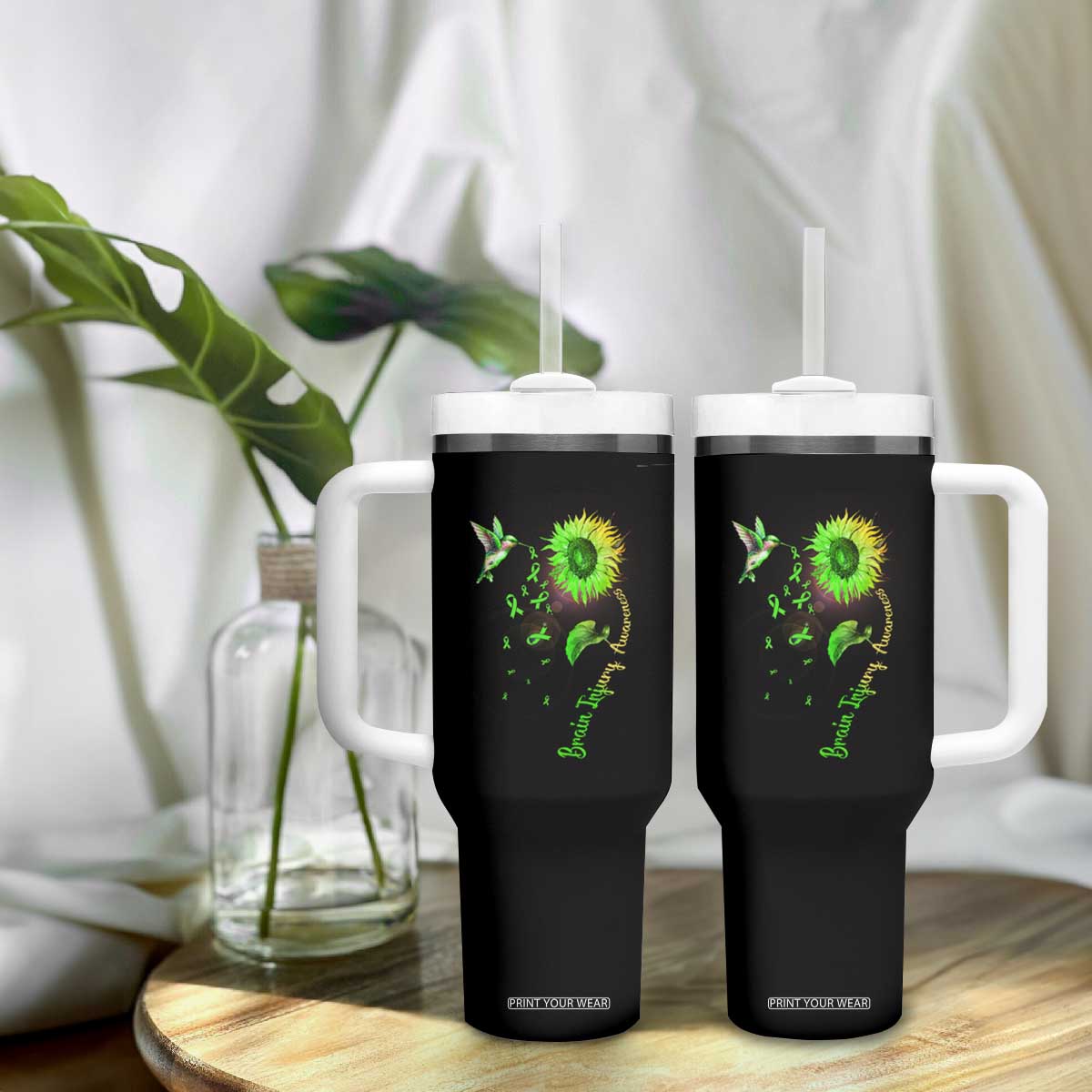 Traumatic Brain Injury Awareness Tumbler With Handle Sunflower Hummingbird TS02 Print Your Wear