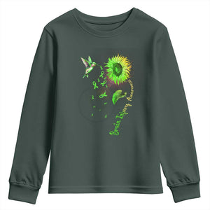 Traumatic Brain Injury Awareness Youth Sweatshirt Sunflower Hummingbird TS02 Dark Forest Green Print Your Wear