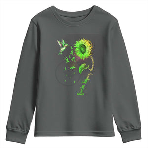 Traumatic Brain Injury Awareness Youth Sweatshirt Sunflower Hummingbird TS02 Dark Heather Print Your Wear