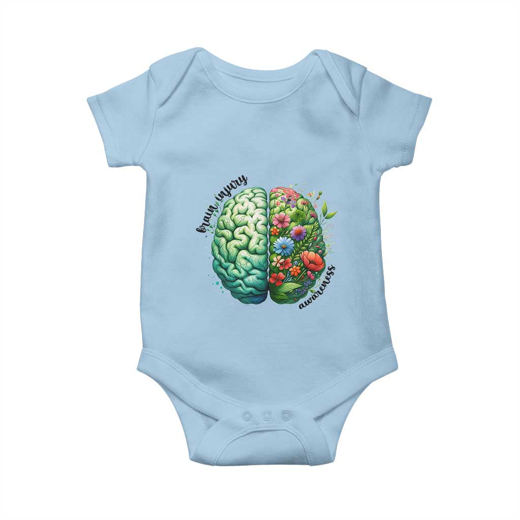 Traumatic Brain Injury Awareness Baby Onesie TBI Warrior Green Floral Brain TS02 Light Blue Print Your Wear