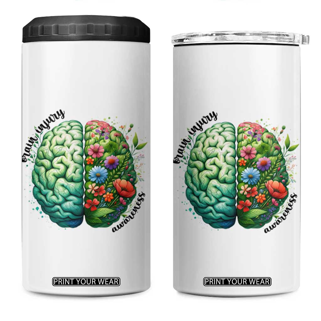 Traumatic Brain Injury Awareness 4 in 1 Can Cooler Tumbler TBI Warrior Green Floral Brain TS02 One Size: 16 oz White Print Your Wear