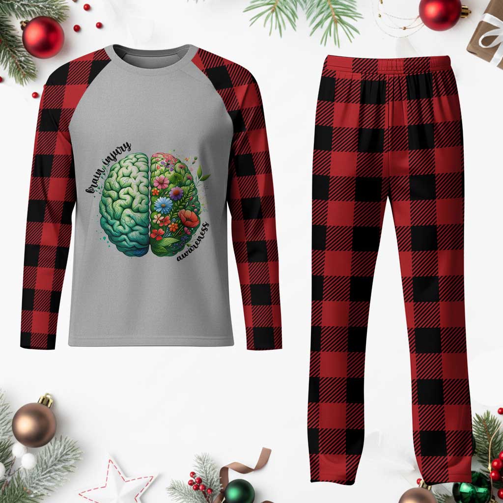 Traumatic Brain Injury Awareness Plaid Pajama Set TBI Warrior Green Floral Brain TS02 Buffalo Plaid Print Your Wear