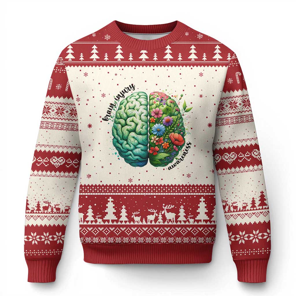Traumatic Brain Injury Awareness Ugly Christmas Sweater TBI Warrior Green Floral Brain TS02 Beige Red Print Your Wear