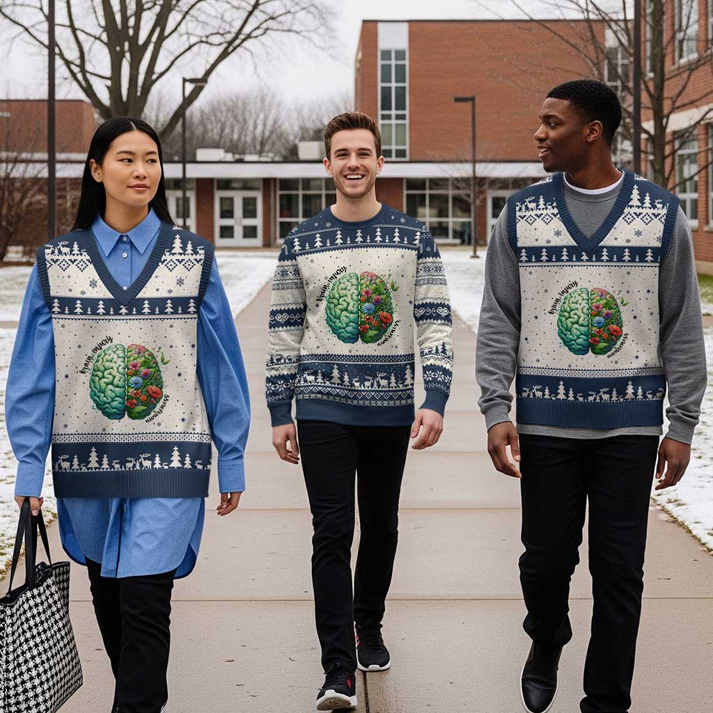 Traumatic Brain Injury Awareness V-Neck Knit Sweater Vest TBI Warrior Green Floral Brain TS02 Beige Navy Print Your Wear
