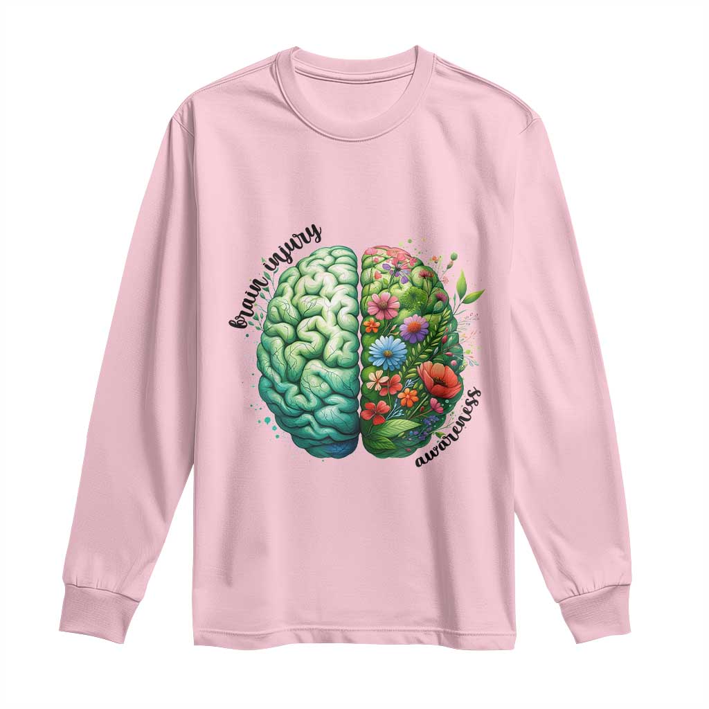 Traumatic Brain Injury Awareness Long Sleeve Shirt TBI Warrior Green Floral Brain TS02 Light Pink Print Your Wear