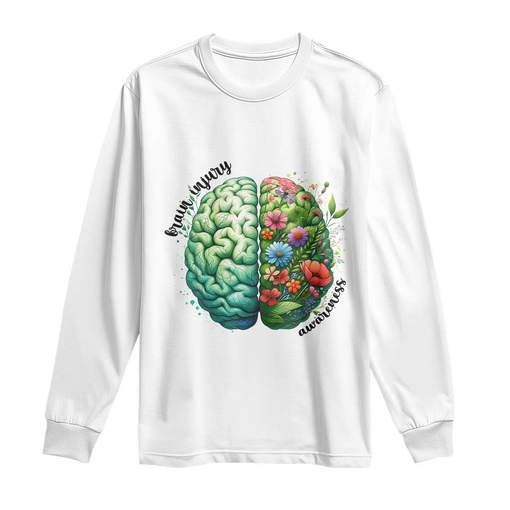 Traumatic Brain Injury Awareness Long Sleeve Shirt TBI Warrior Green Floral Brain TS02 White Print Your Wear