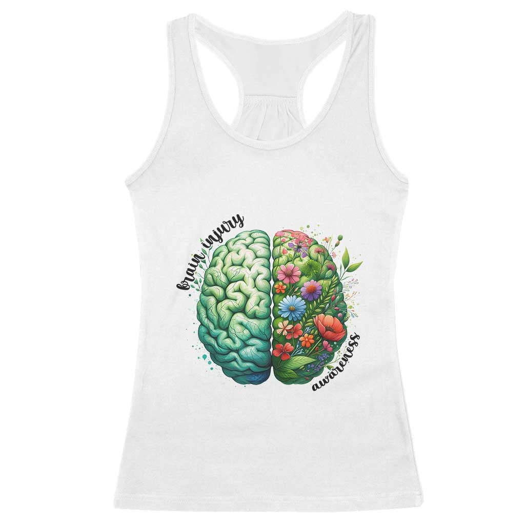 Traumatic Brain Injury Awareness Racerback Tank Top TBI Warrior Green Floral Brain TS02 White Print Your Wear