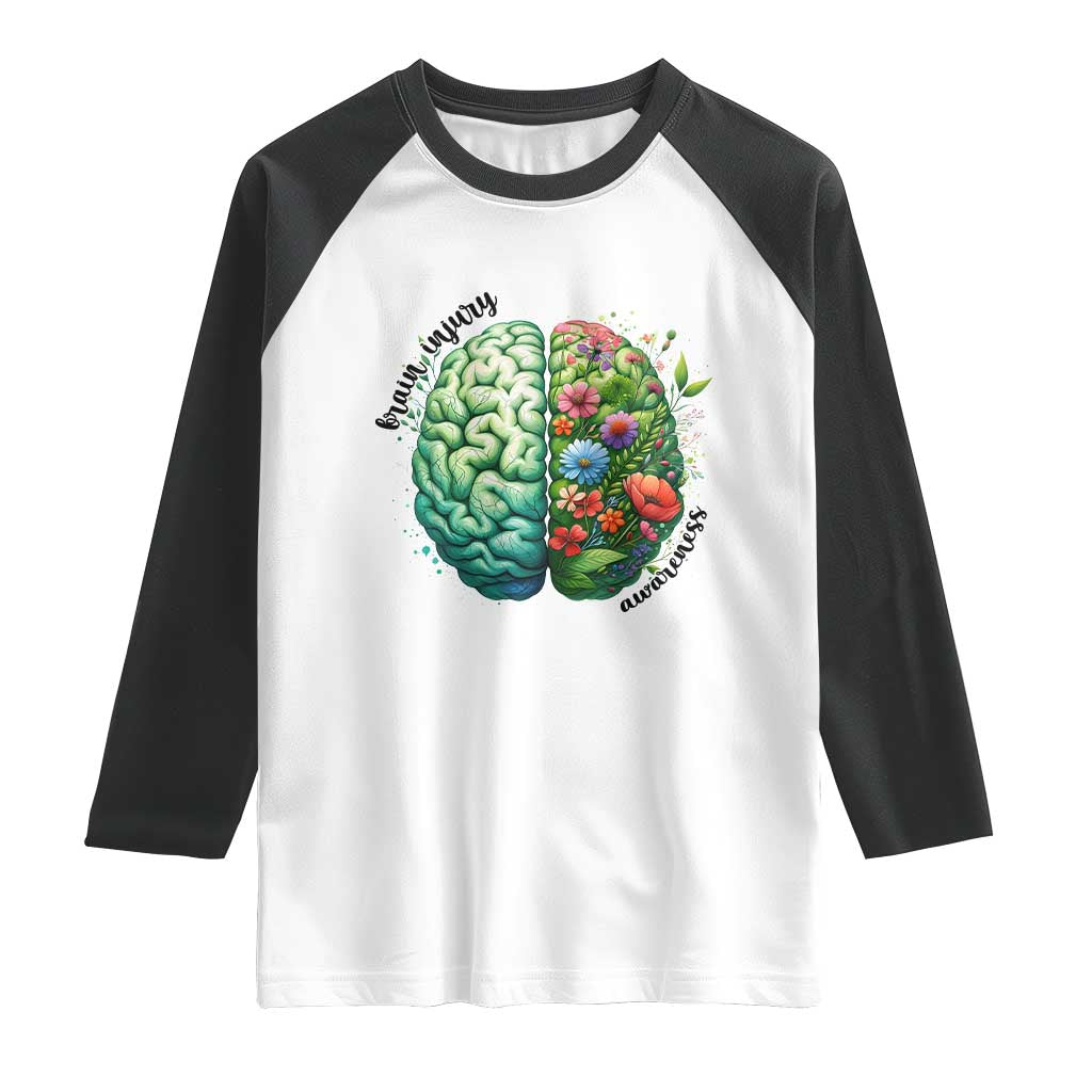 Traumatic Brain Injury Awareness Raglan Shirt TBI Warrior Green Floral Brain TS02 White Black Print Your Wear