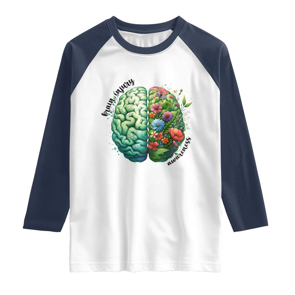 Traumatic Brain Injury Awareness Raglan Shirt TBI Warrior Green Floral Brain TS02 White Navy Print Your Wear