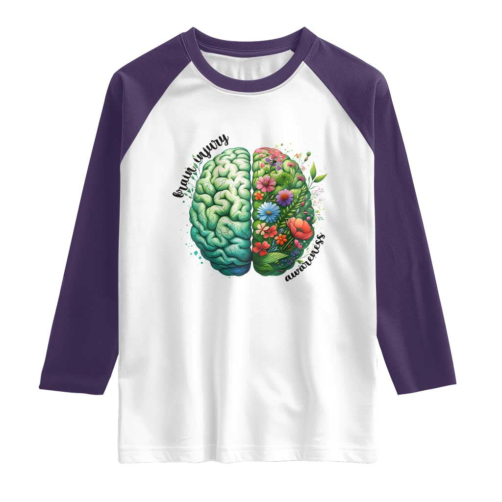 Traumatic Brain Injury Awareness Raglan Shirt TBI Warrior Green Floral Brain TS02 White Purple Print Your Wear