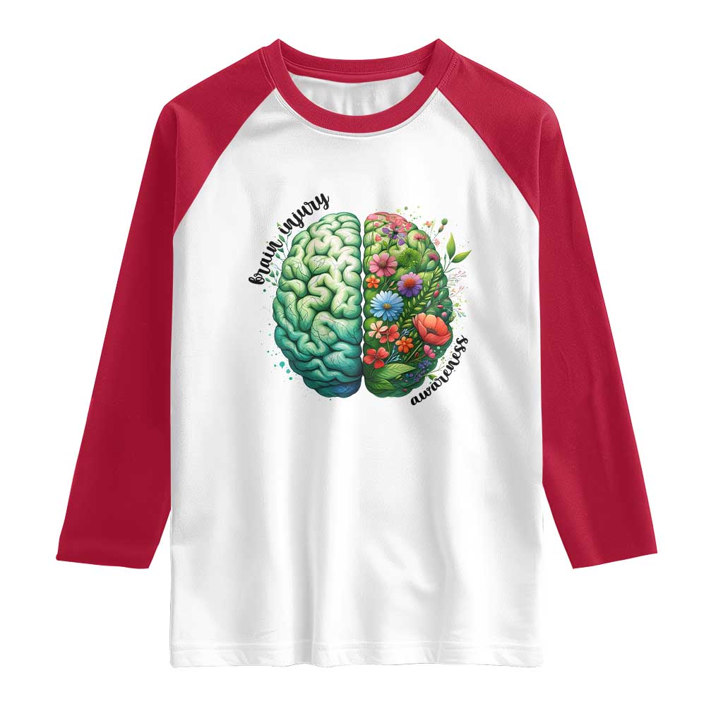 Traumatic Brain Injury Awareness Raglan Shirt TBI Warrior Green Floral Brain TS02 White Red Print Your Wear