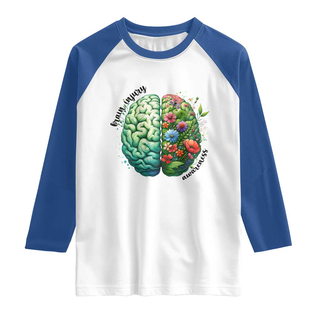Traumatic Brain Injury Awareness Raglan Shirt TBI Warrior Green Floral Brain TS02 White Royal Print Your Wear