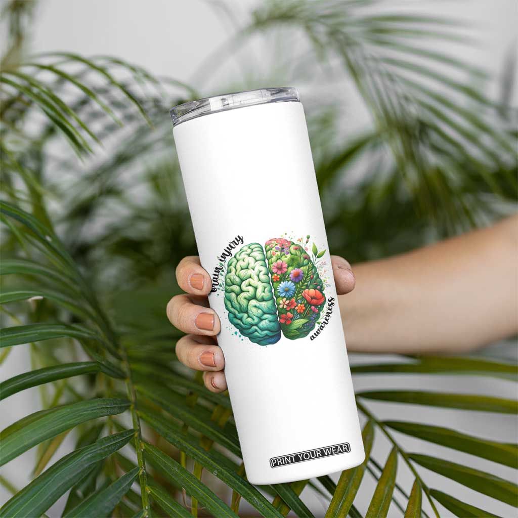 Traumatic Brain Injury Awareness Skinny Tumbler TBI Warrior Green Floral Brain TS02 Print Your Wear