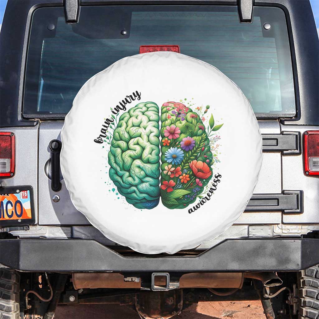 Traumatic Brain Injury Awareness Spare Tire Cover TBI Warrior Green Floral Brain TS02 No hole White Print Your Wear