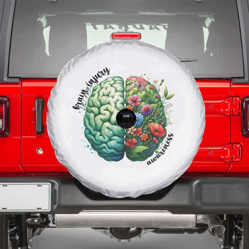 Traumatic Brain Injury Awareness Spare Tire Cover TBI Warrior Green Floral Brain TS02 White Print Your Wear