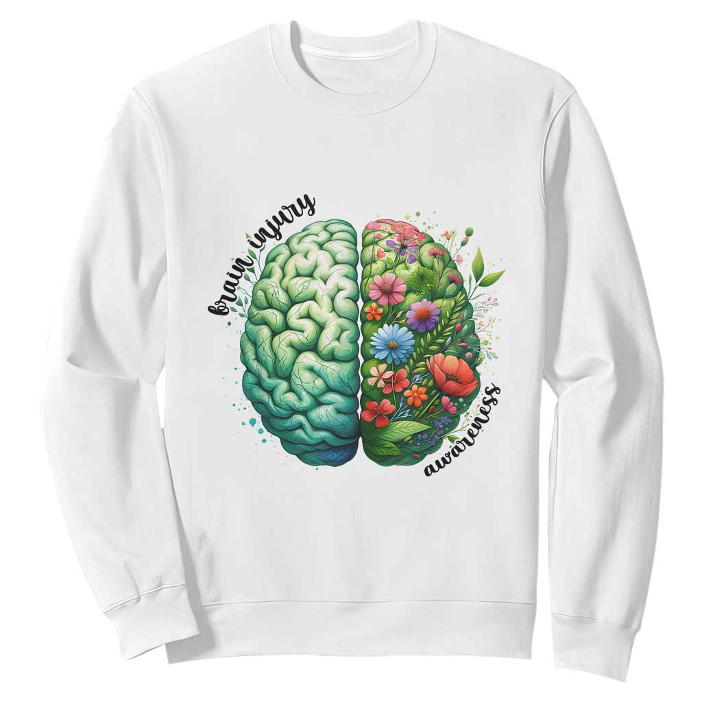 Traumatic Brain Injury Awareness Sweatshirt TBI Warrior Green Floral Brain TS02 White Print Your Wear