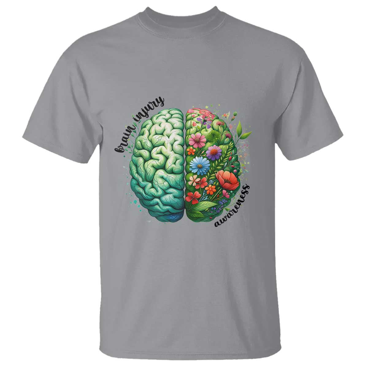 Traumatic Brain Injury Awareness T Shirt TBI Warrior Green Floral Brain TS02 Sport Gray Print Your Wear