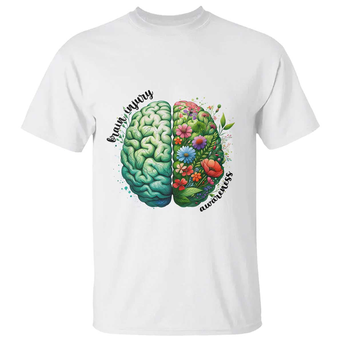 Traumatic Brain Injury Awareness T Shirt TBI Warrior Green Floral Brain TS02 White Print Your Wear