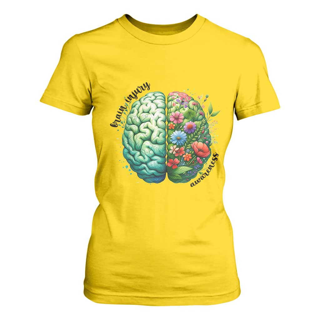 Traumatic Brain Injury Awareness T Shirt For Women TBI Warrior Green Floral Brain TS02 Daisy Print Your Wear