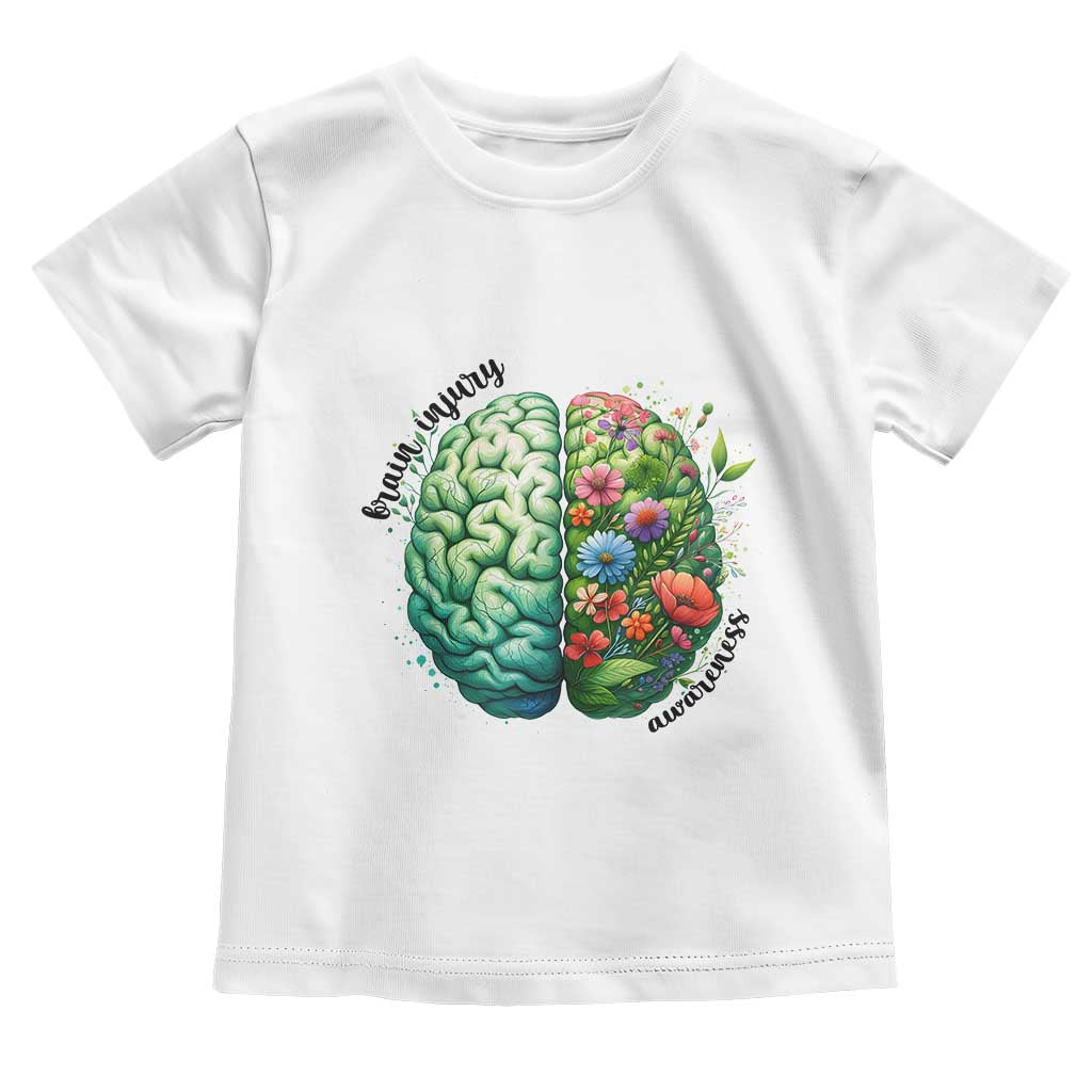 Traumatic Brain Injury Awareness Toddler T Shirt TBI Warrior Green Floral Brain TS02 White Print Your Wear