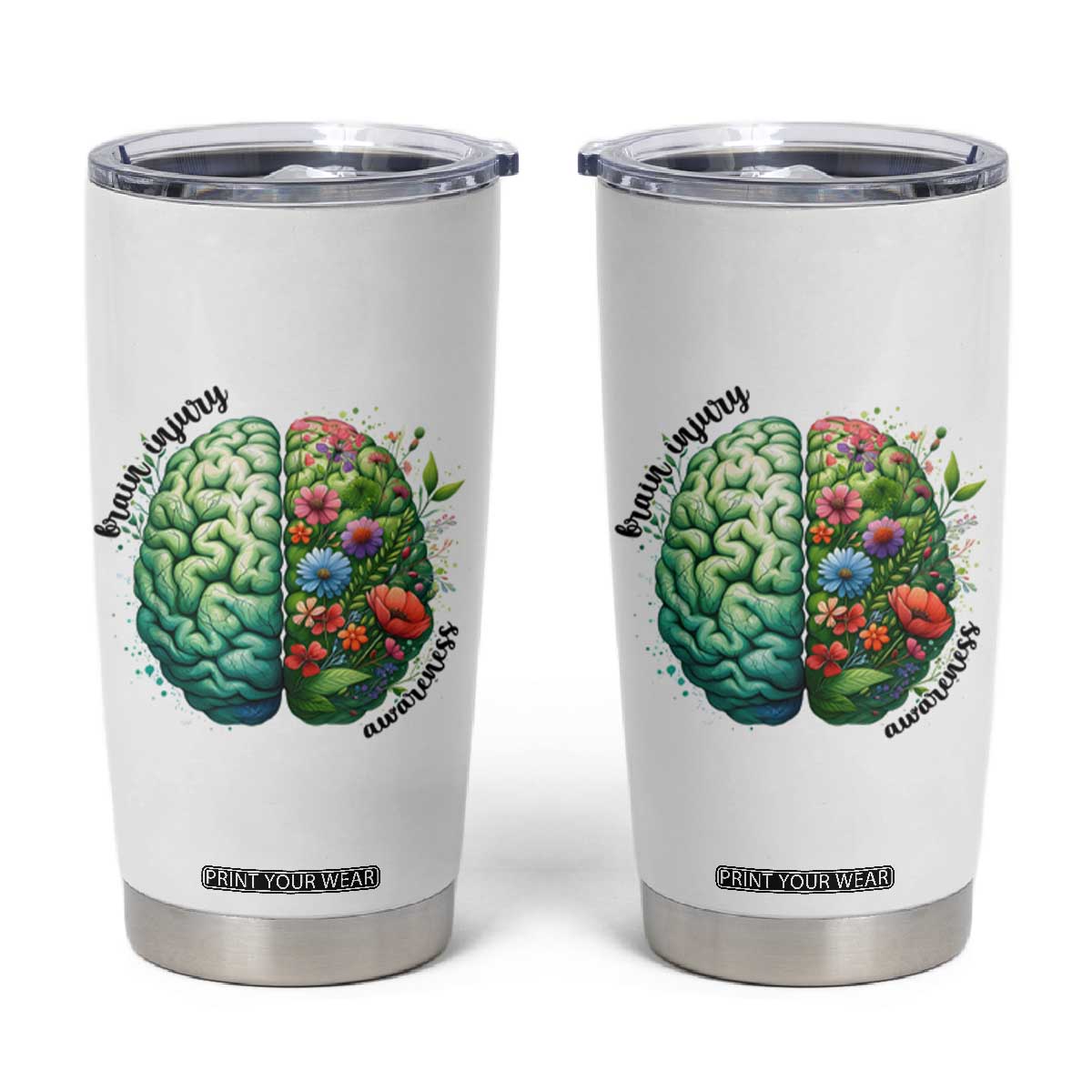 Traumatic Brain Injury Awareness Tumbler Cup TBI Warrior Green Floral Brain TS02 White Print Your Wear