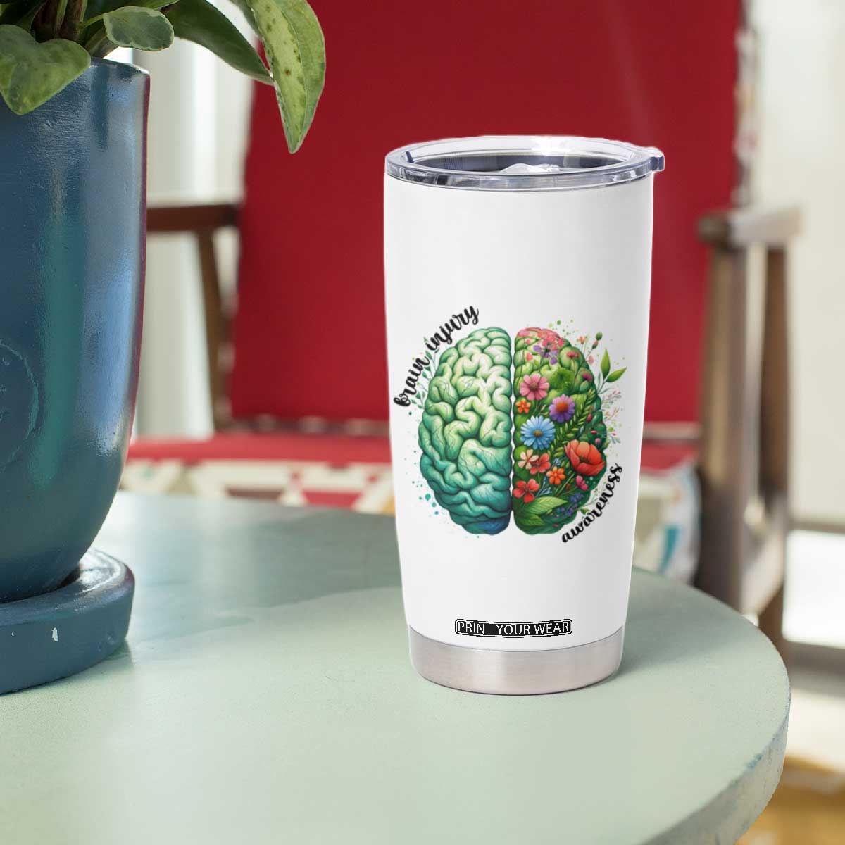 Traumatic Brain Injury Awareness Tumbler Cup TBI Warrior Green Floral Brain TS02 Print Your Wear