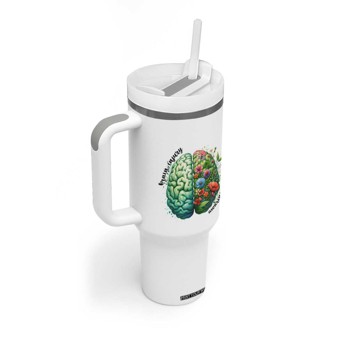 Traumatic Brain Injury Awareness Tumbler With Handle TBI Warrior Green Floral Brain TS02 Print Your Wear