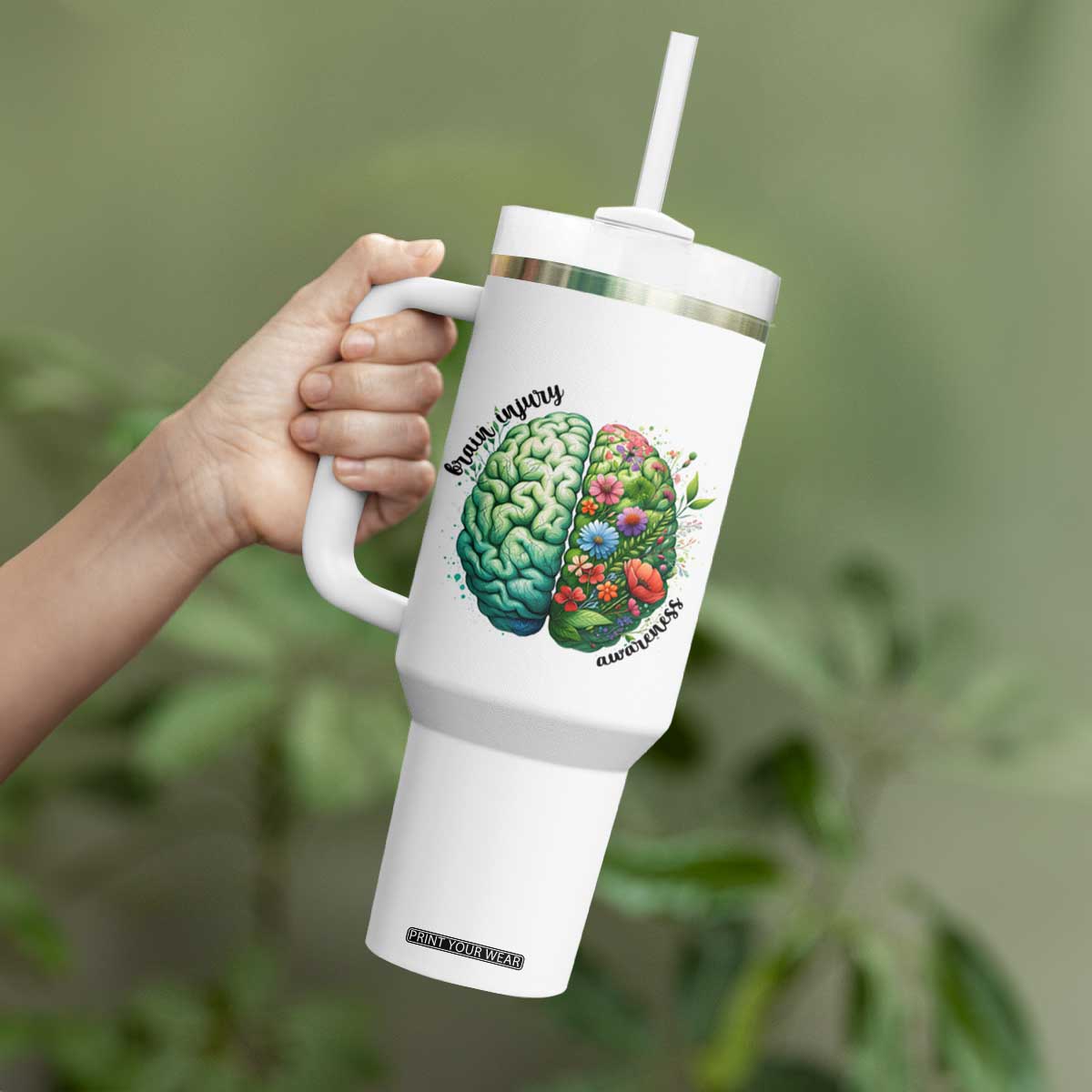 Traumatic Brain Injury Awareness Tumbler With Handle TBI Warrior Green Floral Brain TS02 Print Your Wear