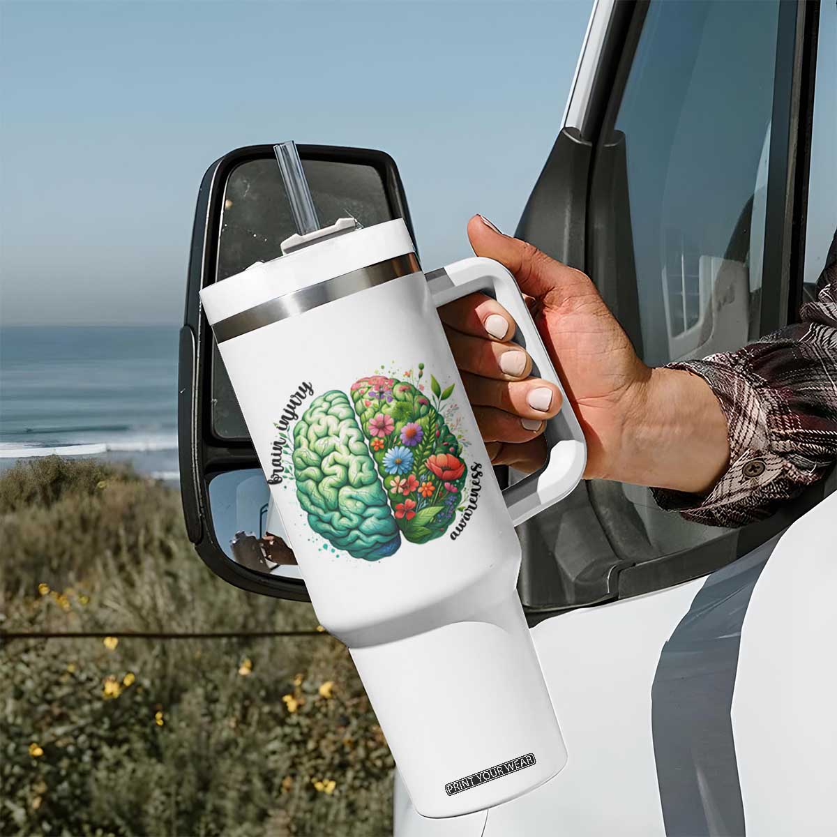Traumatic Brain Injury Awareness Tumbler With Handle TBI Warrior Green Floral Brain TS02 Print Your Wear
