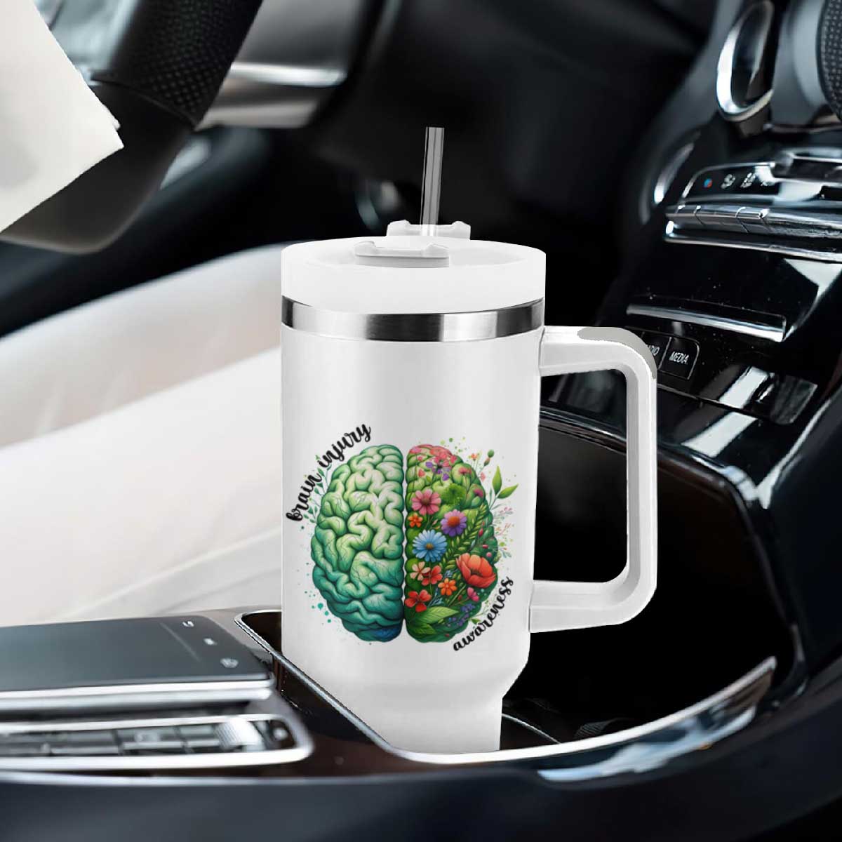 Traumatic Brain Injury Awareness Tumbler With Handle TBI Warrior Green Floral Brain TS02 Print Your Wear