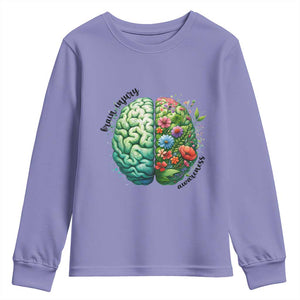 Traumatic Brain Injury Awareness Youth Sweatshirt TBI Warrior Green Floral Brain TS02 Violet Print Your Wear