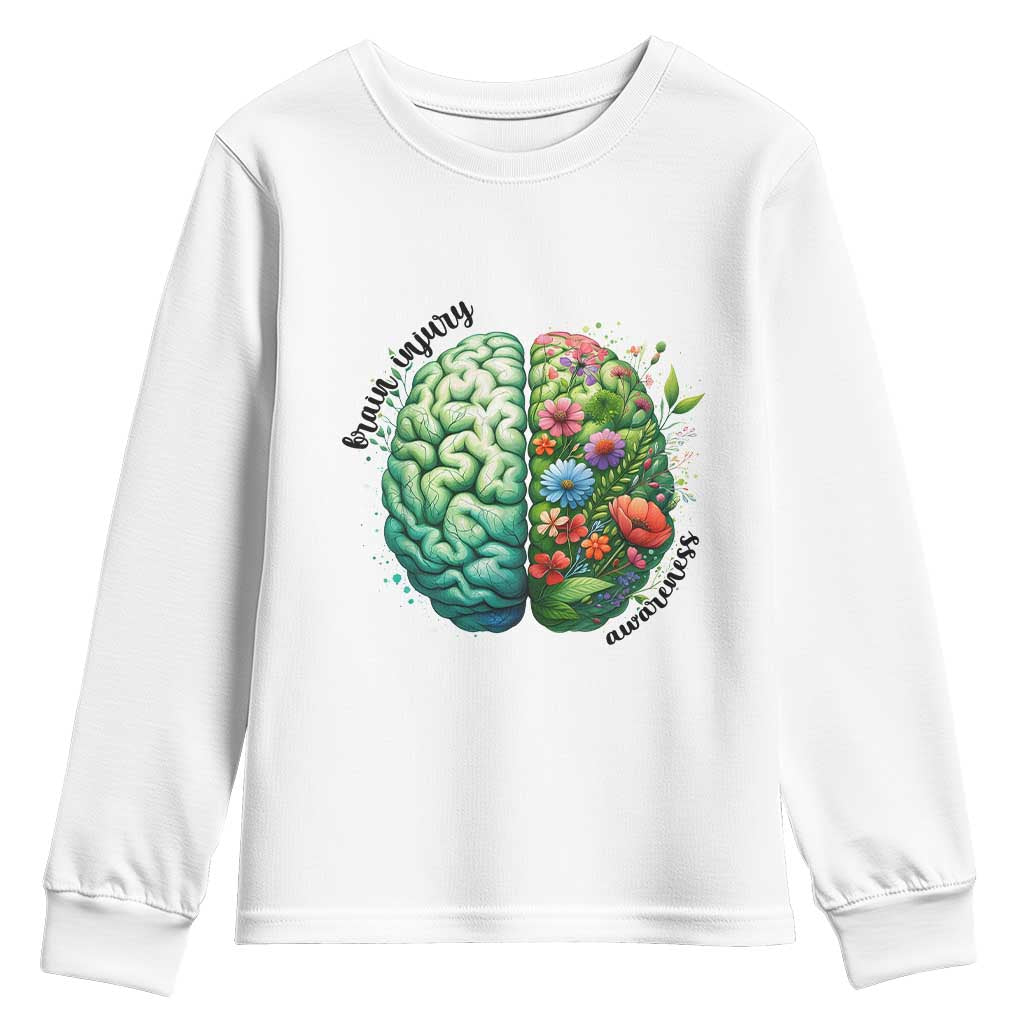 Traumatic Brain Injury Awareness Youth Sweatshirt TBI Warrior Green Floral Brain TS02 White Print Your Wear