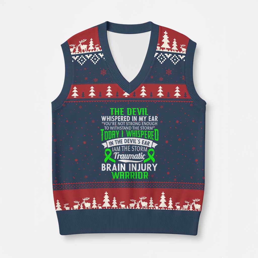 Traumatic Brain Injury Awareness V-Neck Knit Sweater Vest TBI Warrior I Am The Storm TS02 Navy Red Print Your Wear