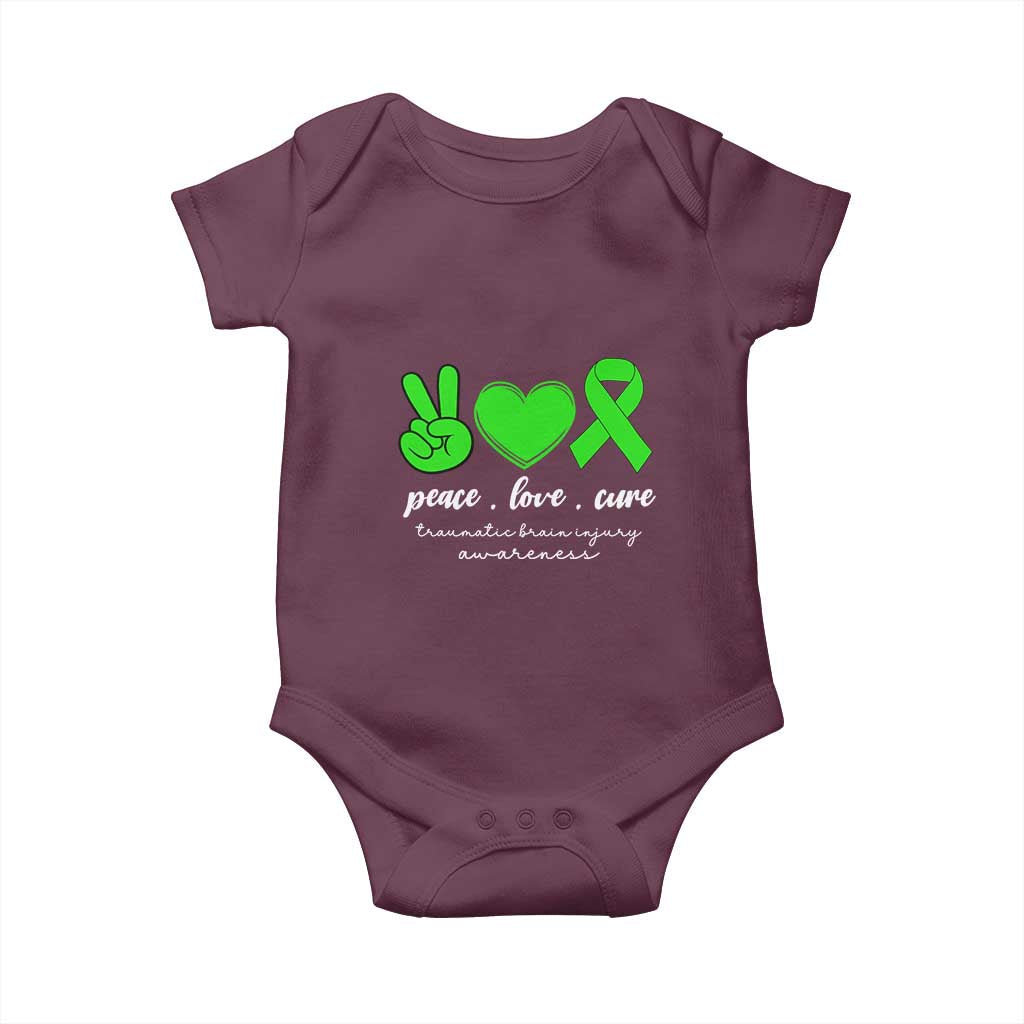 Traumatic Brain Injury Awareness Baby Onesie Peace Love Cure TBI Warrior TS02 Maroon Print Your Wear