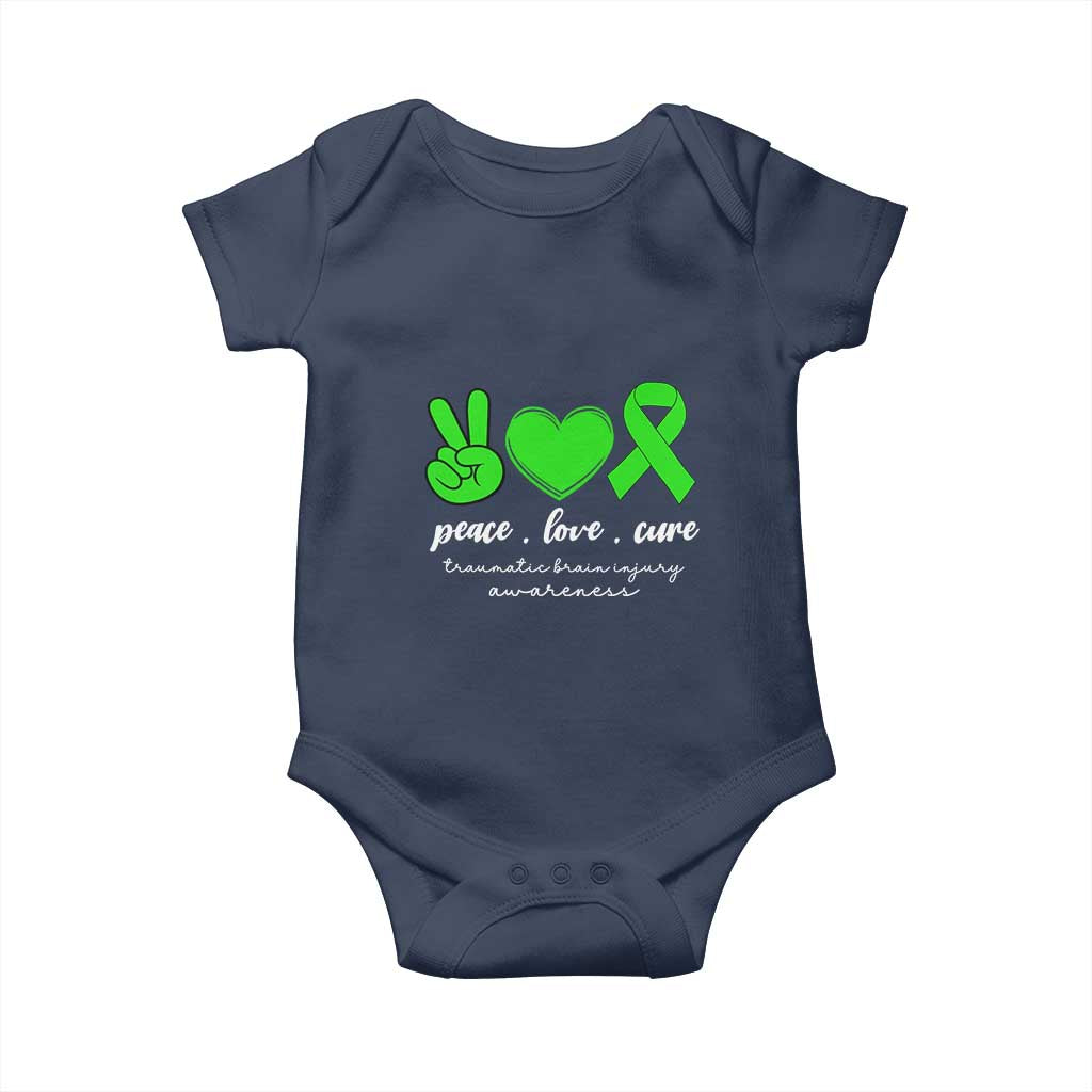 Traumatic Brain Injury Awareness Baby Onesie Peace Love Cure TBI Warrior TS02 Navy Print Your Wear