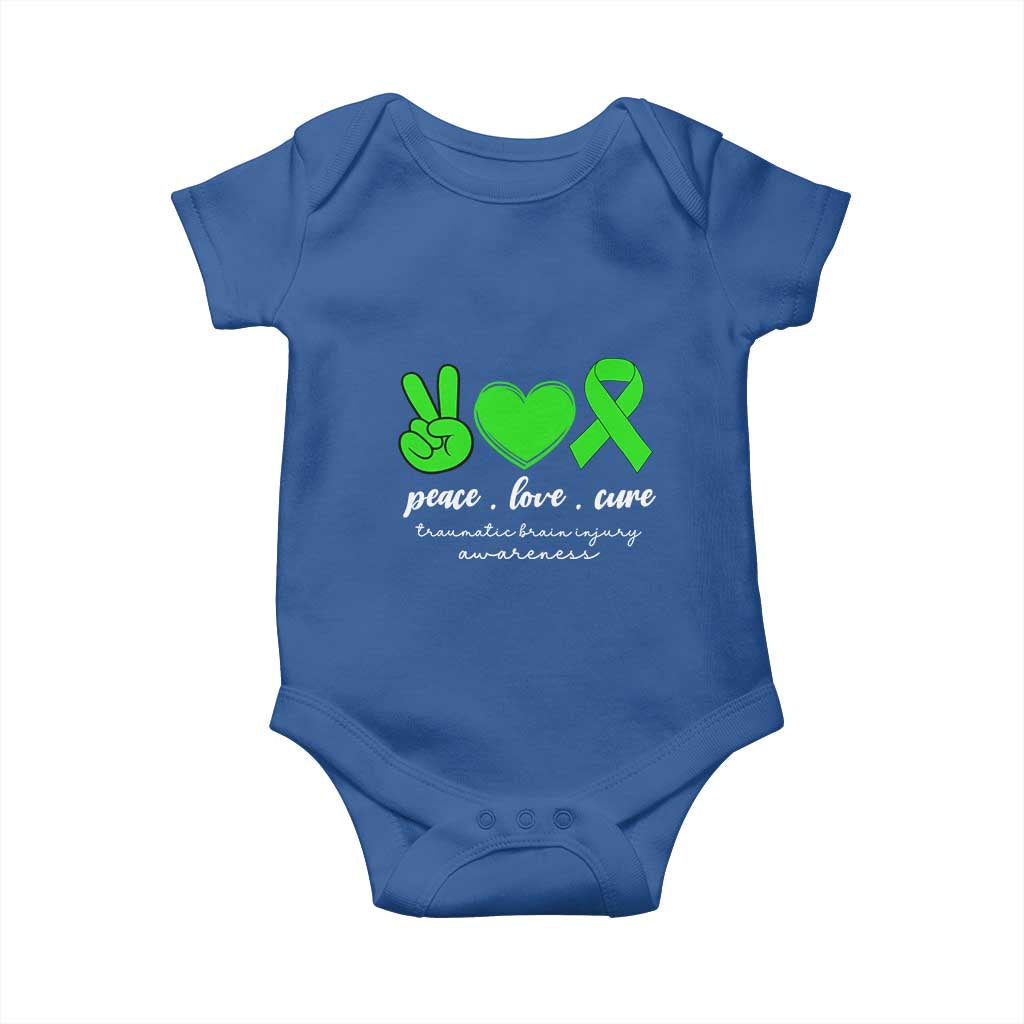 Traumatic Brain Injury Awareness Baby Onesie Peace Love Cure TBI Warrior TS02 Royal Blue Print Your Wear