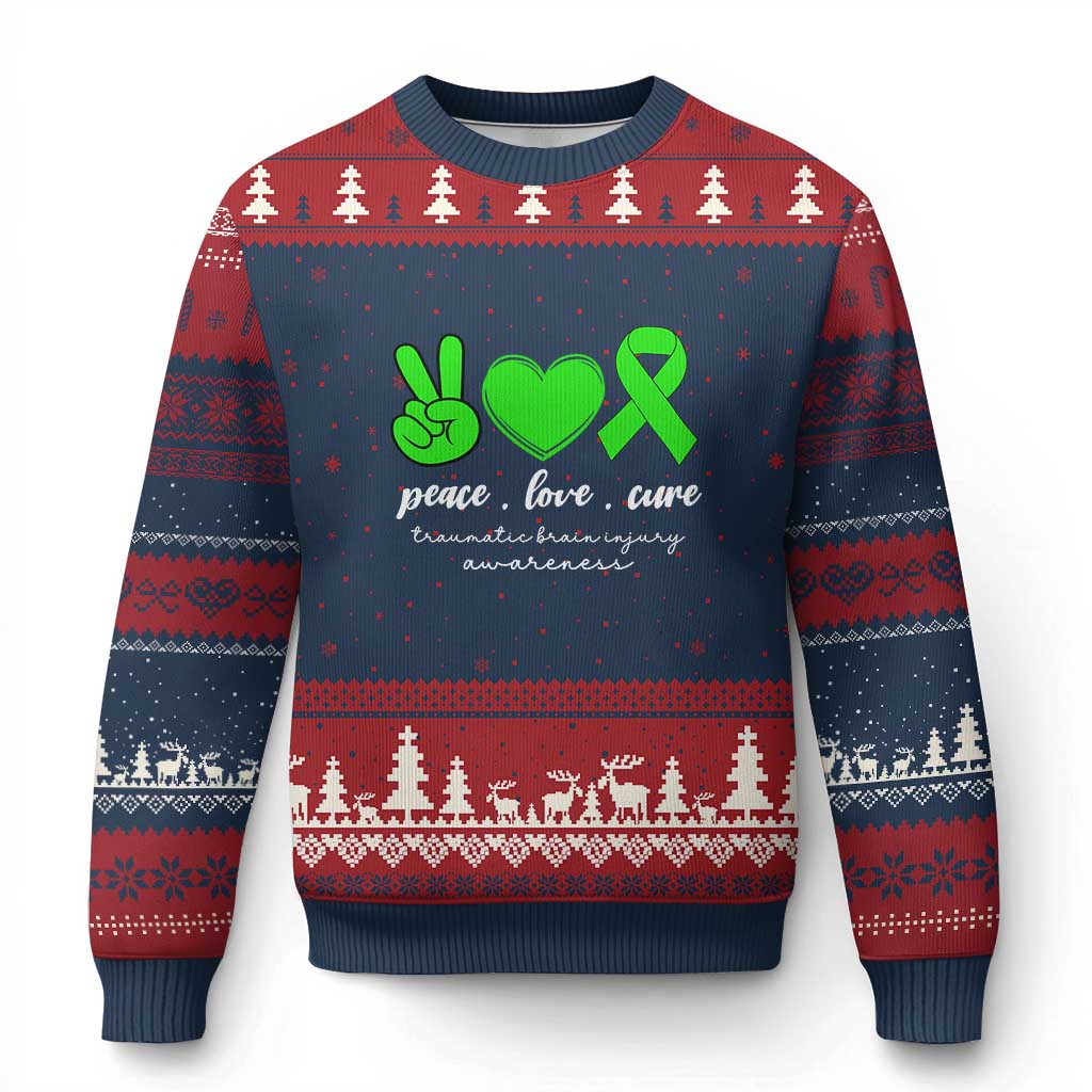 Traumatic Brain Injury Awareness Ugly Christmas Sweater Peace Love Cure TBI Warrior TS02 Navy Red Print Your Wear