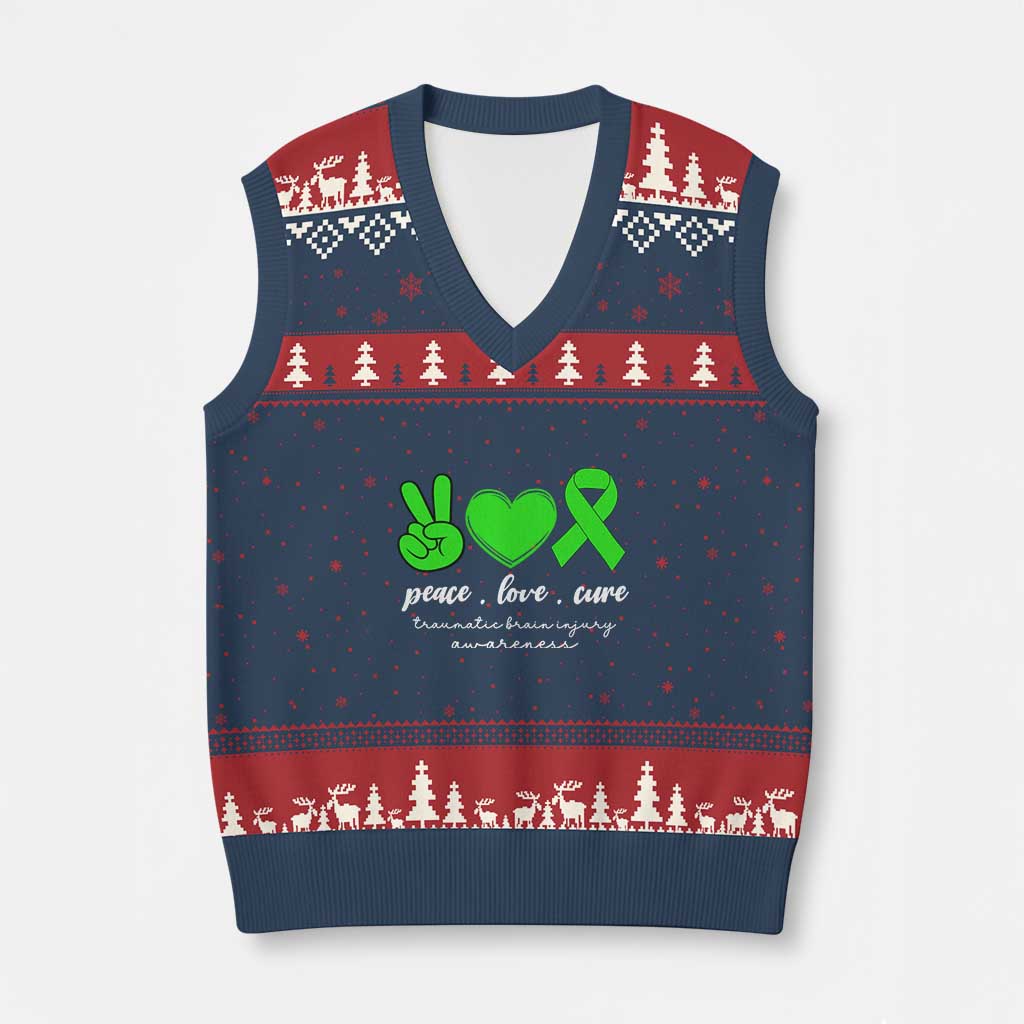 Traumatic Brain Injury Awareness V-Neck Knit Sweater Vest Peace Love Cure TBI Warrior TS02 Navy Red Print Your Wear