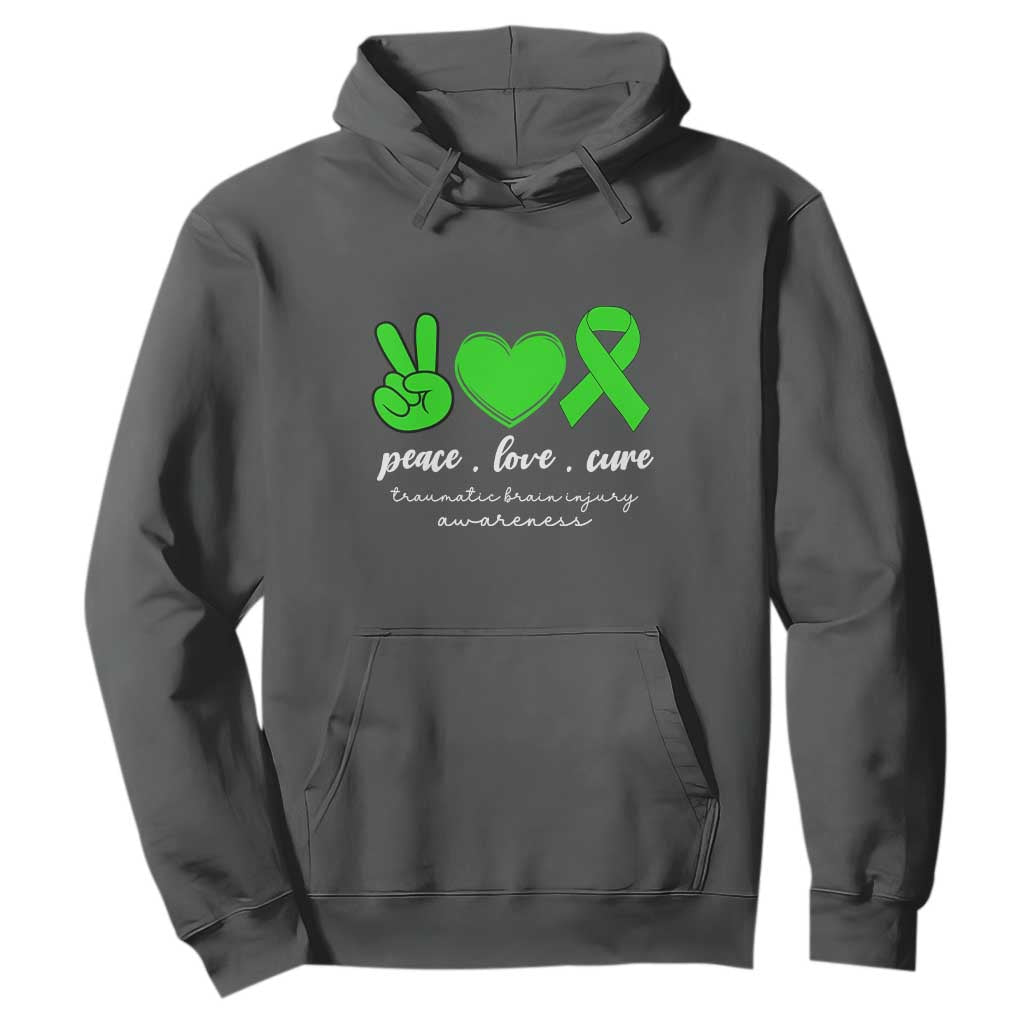 Traumatic Brain Injury Awareness Hoodie Peace Love Cure TBI Warrior TS02 Dark Heather Print Your Wear