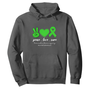 Traumatic Brain Injury Awareness Hoodie Peace Love Cure TBI Warrior TS02 Dark Heather Print Your Wear