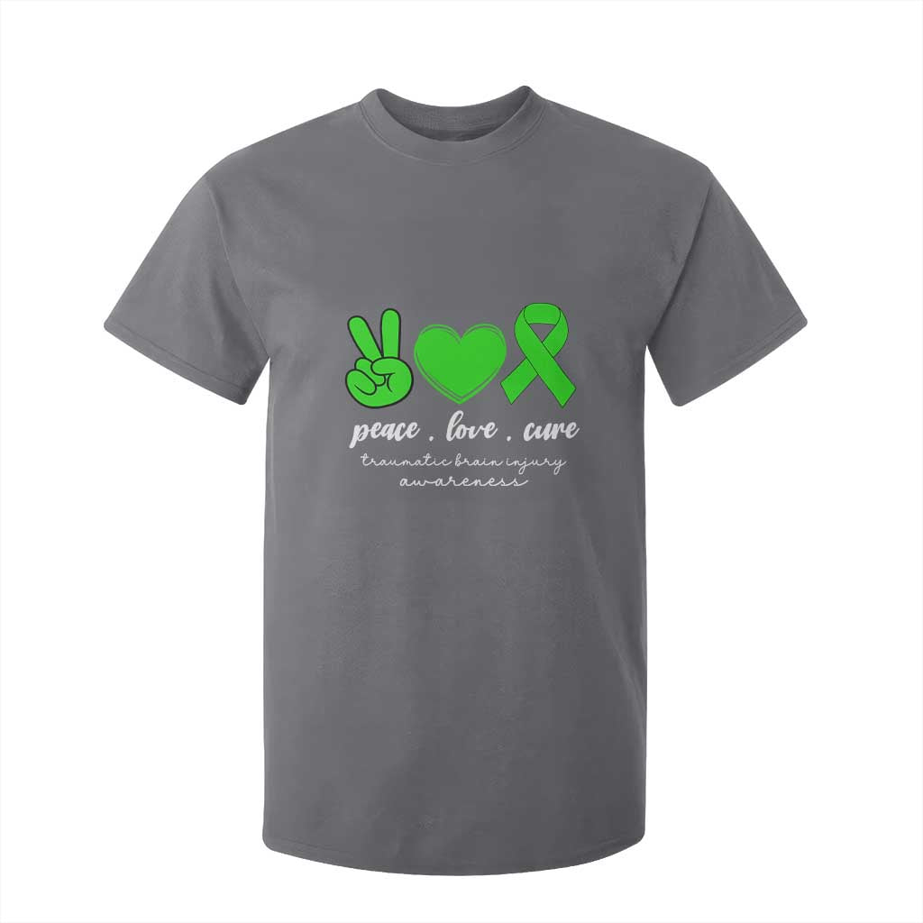 Traumatic Brain Injury Awareness T Shirt For Kid Peace Love Cure TBI Warrior TS02 Charcoal Print Your Wear
