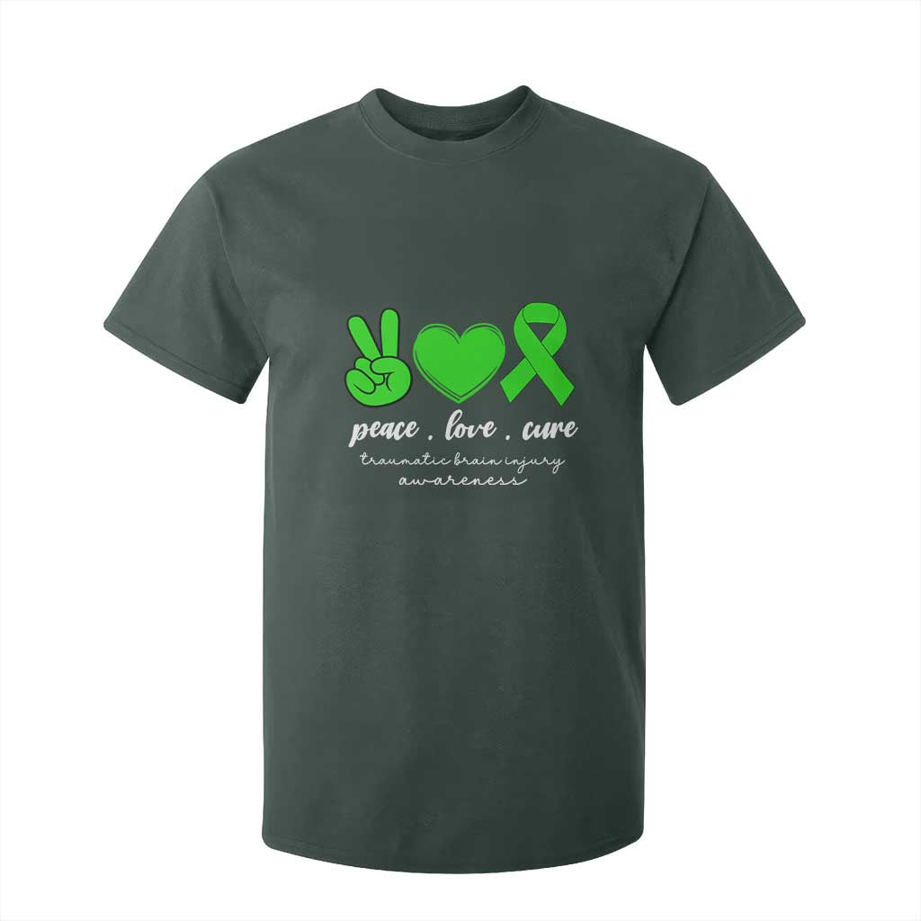 Traumatic Brain Injury Awareness T Shirt For Kid Peace Love Cure TBI Warrior TS02 Dark Forest Green Print Your Wear