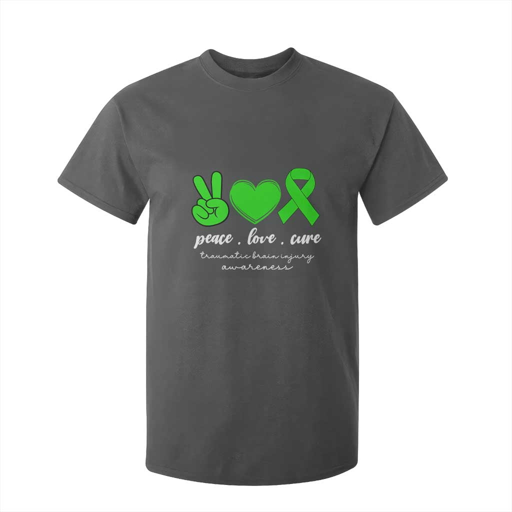 Traumatic Brain Injury Awareness T Shirt For Kid Peace Love Cure TBI Warrior TS02 Dark Heather Print Your Wear