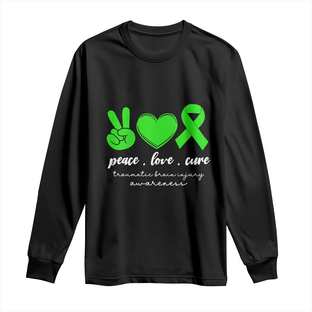 Traumatic Brain Injury Awareness Long Sleeve Shirt Peace Love Cure TBI Warrior TS02 Black Print Your Wear