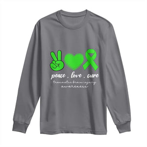 Traumatic Brain Injury Awareness Long Sleeve Shirt Peace Love Cure TBI Warrior TS02 Charcoal Print Your Wear